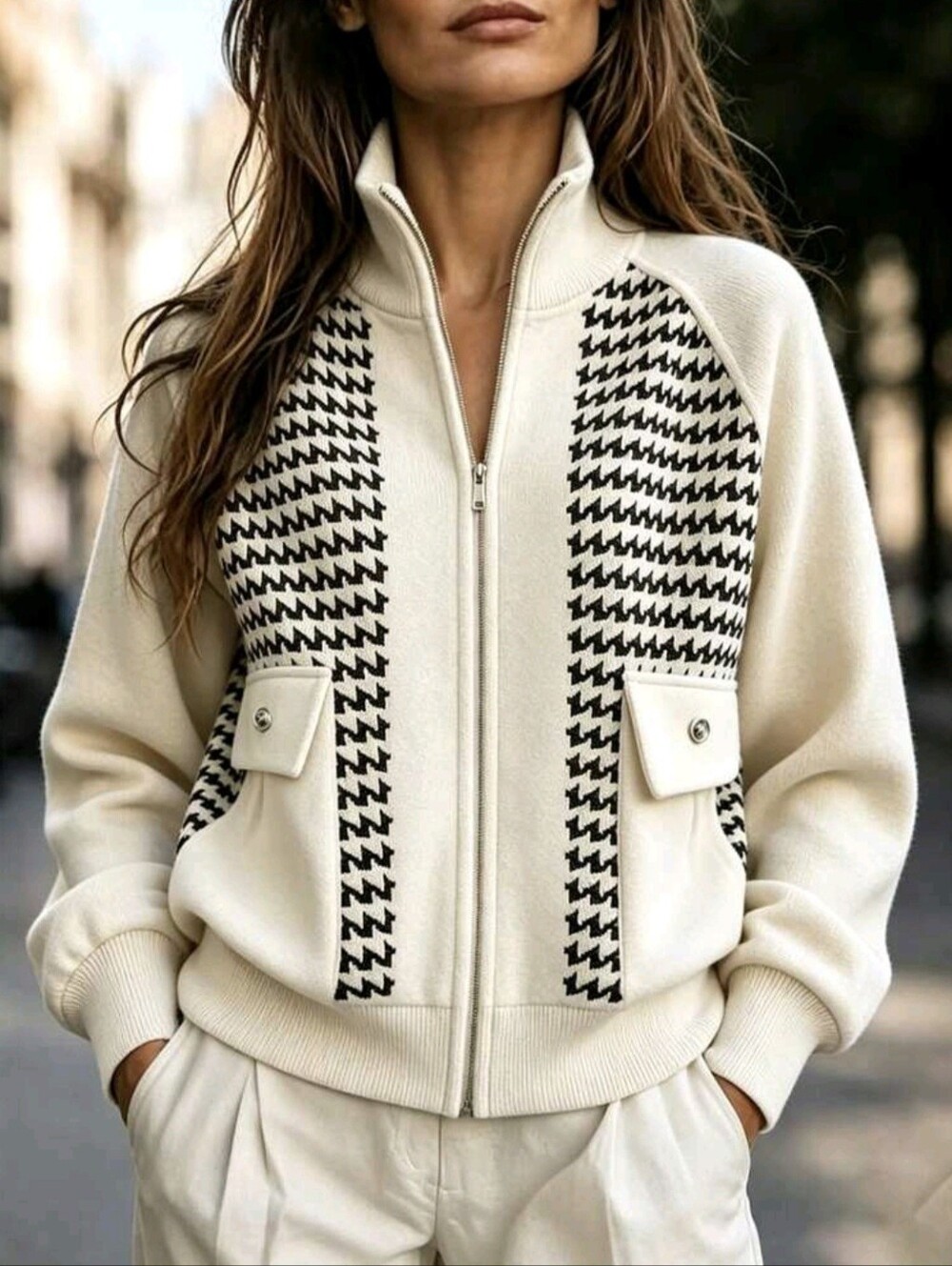 Women's Houndstooth Raglan Long Sleeve Zip-Up Casual Regular Fit Jacket
